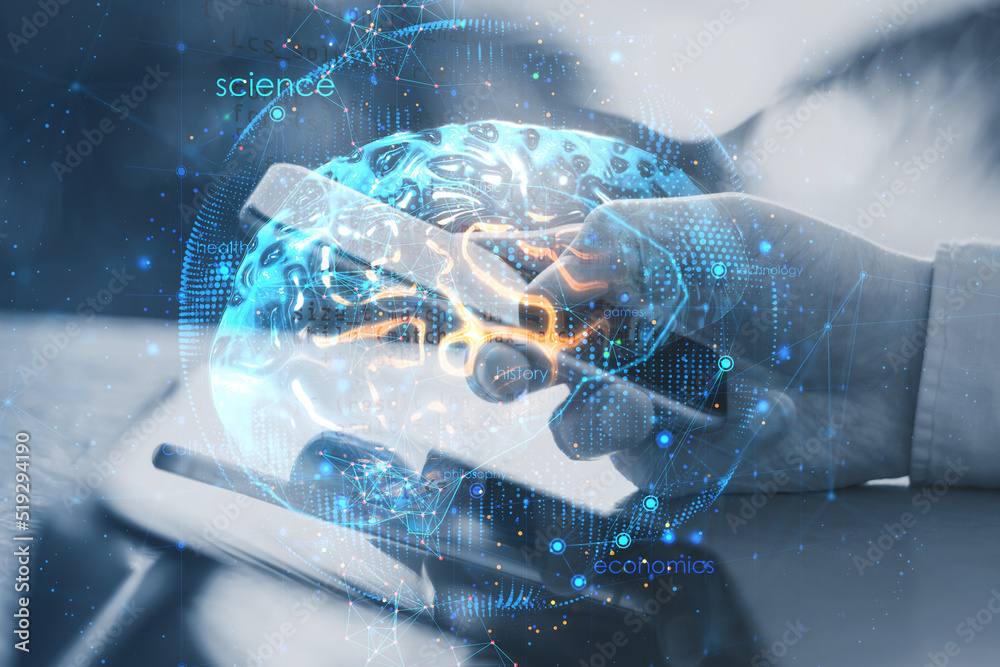 Poster close up of businessman hands using tablet and smartphone with creative brain hologram on blurry bac
