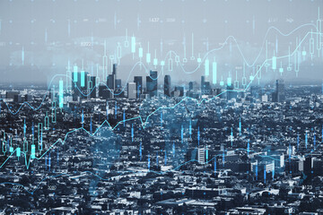 Obraz premium Creative glowing forex chart hologram with map on blurry city with buildings backdrop. Stock, market and invest concept. Double exposure.