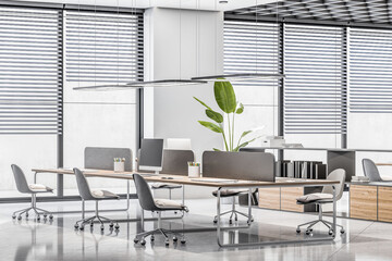 Modern office interior with blinds, panoramic city view, furniture and equipment. Workplace concept. 3D Rendering.