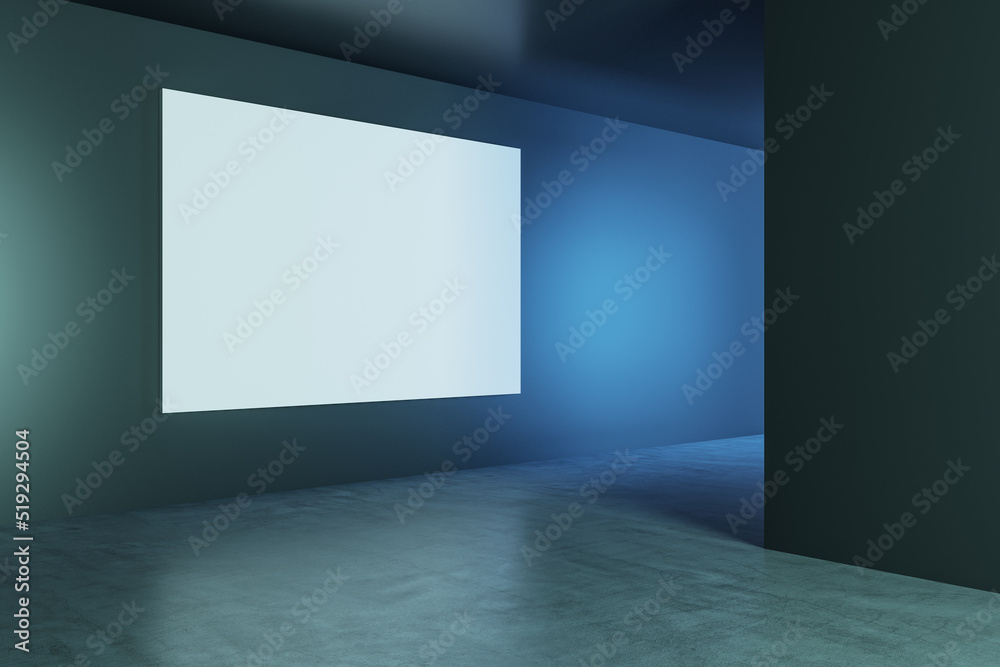 Aufkleber Perspective view on blank white poster with space for your logo or text on dark wall in abstract dark empty hall with concrete floor. 3D rendering, mockup