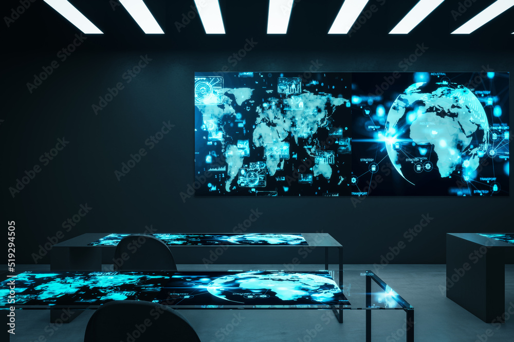 Aufkleber glowing dark interior with interactive screens on wall and desks. future and technology concept. 3d 