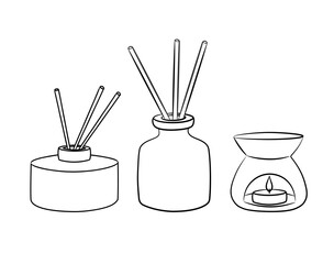 A set of items for aroma in the house. Choice of interior accessories. Scented candles, diffuser, aroma lamp. Isolated vector illustration in line style.