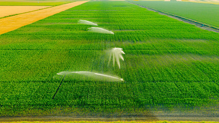Above view on high pressure agricultural water sprinkler, sprayer, sending out jets of water to...