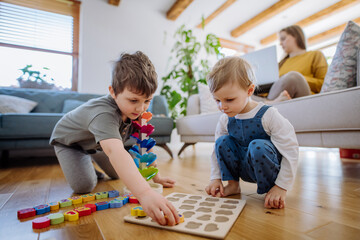 Little siblings playing with montessori wooden toys in living room, their mother is sitting on sofa with laptop.