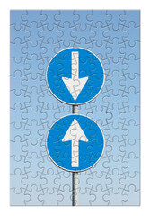 Contradiction concept image with road signs in jugsaw puzzle shape
