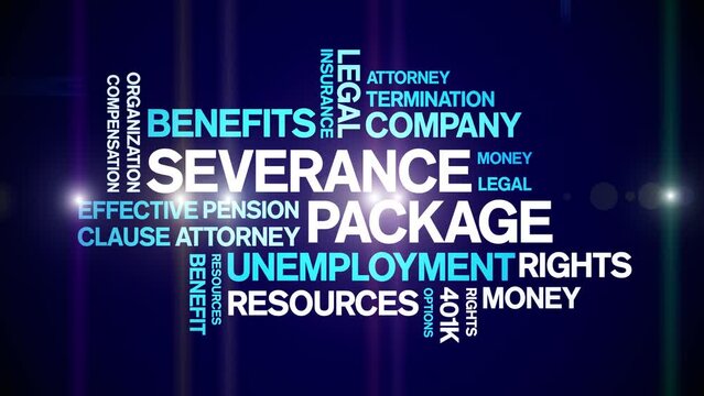 Severance Package Animated tag word cloud;text design animation kinetic typography seamless loop.