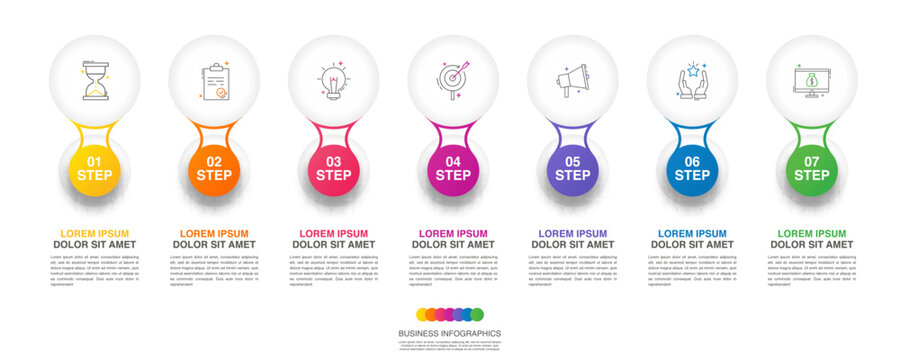 Modern 3D vector illustration. Circular infographic template with seven elements. Contains icons and text. Designed for business, presentations, web design, 7-step diagrams.
