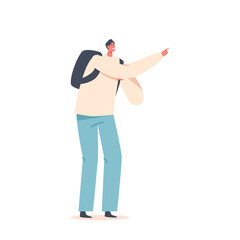 Young Man Tourist with Backpack Pointing with Finger on Something Interesting, Traveler Isolated on White Background