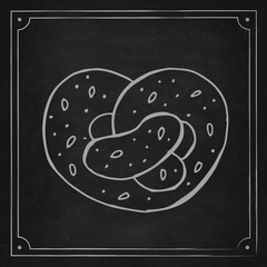 Oktoberfest 2022 - Beer Festival. Hand-drawn Doodle brezel with sesame seeds on a black chalk board. German Traditional holiday.