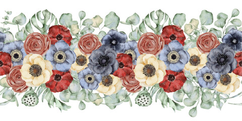 Watercolor seamless border with anemone flowers, eucalyptus and monstera leaves. Hand drawn illustration