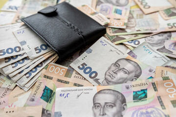 new 500 1000 hryvnia banknotes in a wallet. Ukrainian currency.