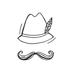 Oktoberfest 2022 - Beer Festival. Hand-drawn Doodle outline hat with a feather and moustache on a white background. German Traditional holiday.
