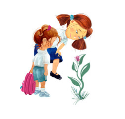 Children looking at plants isolated illustration watercolor