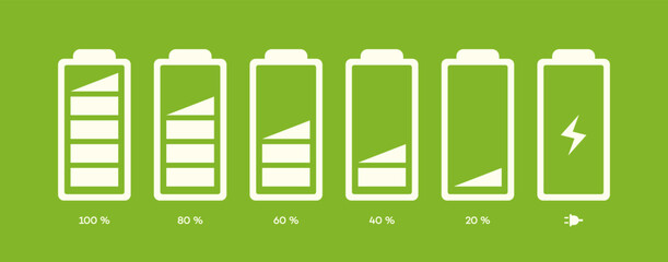 Battery symbol vector set different level of charge for ui energy symbol mobile phone, battery charge signs. Car battery indicator. Accumulator battery, wireless charging energy icons. 10 eps