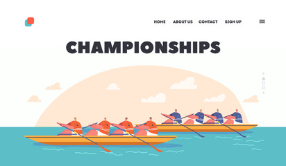Fototapeta na wymiar Championship Landing Page Template. Rowing Competitions, Sport. Athletes Swim On Canoe or Kayak Boats, Rowing Water Game