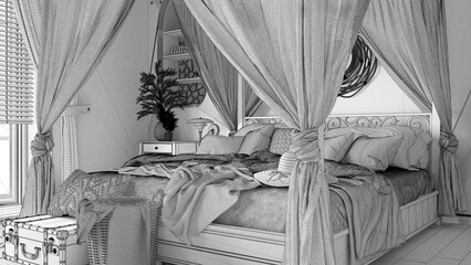 Blueprint unfinished project draft, bedroom close up with canopy bed. Blankets, duvet and pillows. Bohemian rattan and wooden furniture. Boho style interior design