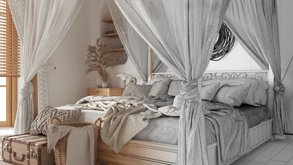 Fototapeta na wymiar Architect interior designer concept: hand-drawn draft unfinished project that becomes real, bedroom close up with canopy bed. Bohemian style
