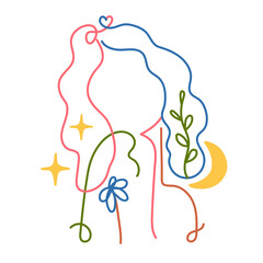 Colored outline vector illustration woman head, body, moon, stars and flowers. Inspirational nature lover print design, holistic healing meditation, reiki new age concept art, modern female abstract