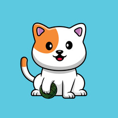 Obraz na płótnie Canvas Cute Cat With Yarn Ball Cartoon Vector Icon Illustration. Animal Flat Cartoon Concept
