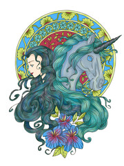 Colorful fantasy illustration with hand drawn beautiful fairy girl or princess and magic unicorn horse