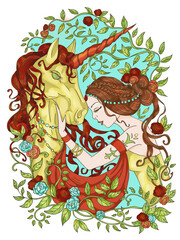 Colorful fantasy illustration with hand drawn beautiful fairy girl or princess and magic unicorn horse