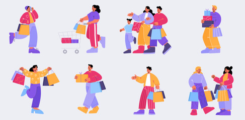 Fototapeta na wymiar Customers characters purchasing in market store. People in shopping mall or boutique, visitors with trolley and paper bags buying in shop. Men, women and kids with purchases, Line art flat vector set