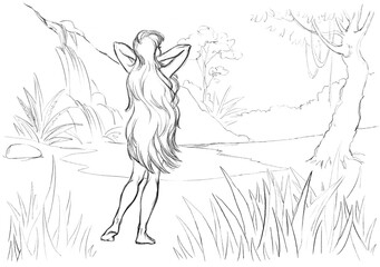 The girl bathes in the stream. Pencil drawing