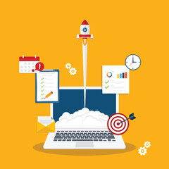 App launch. Startup vector concept, flat cartoon rocket launch, mobile phone or smartphone, idea of successful business project start up, boost technology, innovation, business development. 