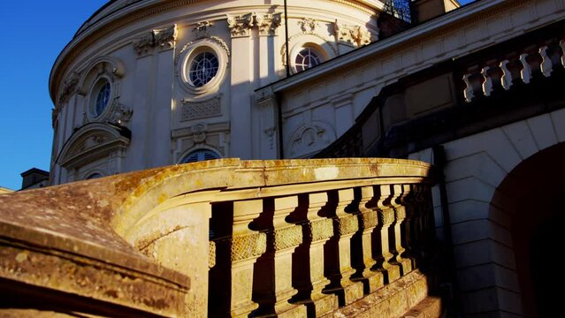 Solitude Palace Close View of Stone Pillar Stair Railings and Center Dome