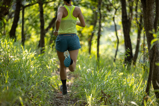 Fitness woman trail runner running in summer forest trail