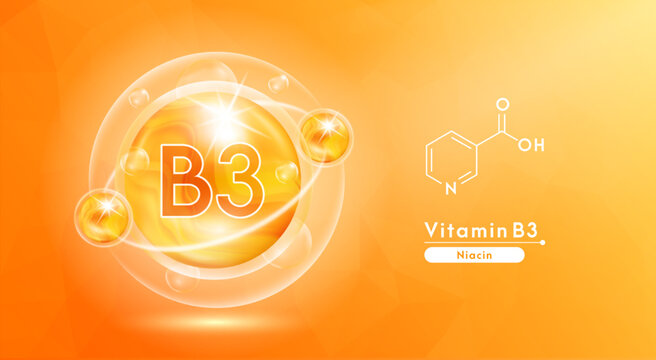 Vitamin B3 orange and structure. Pill vitamins complex and bubble collagen serum chemical formula. Beauty treatment nutrition skin care design. Medical and scientific concepts. 3D Vector EPS10.