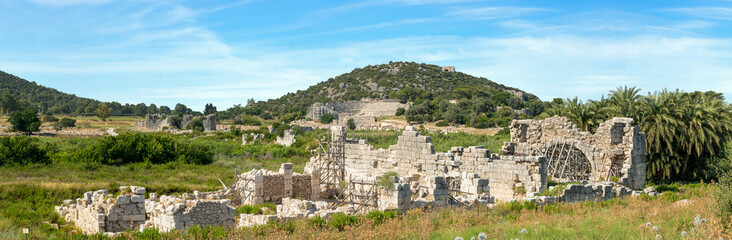 Fototapeta na wymiar Wide angle panoramic photo of Patara ancient city.