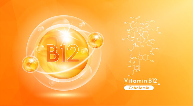 Vitamin B12 orange and structure. Pill vitamins complex and bubble collagen serum chemical formula. Beauty treatment nutrition skin care design. Medical and scientific concepts. 3D Vector EPS10.
