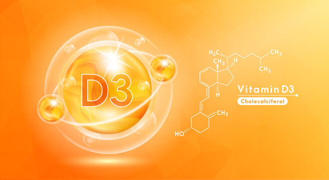 Vitamin D3 orange and structure. Pill vitamins complex and bubble collagen serum chemical formula. Beauty treatment nutrition skin care design. Medical and scientific concepts. 3D Vector EPS10.