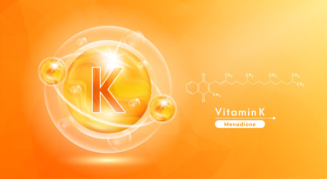 Vitamin K orange and structure. Pill vitamins complex and bubble collagen serum chemical formula. Beauty treatment nutrition skin care design. Medical and scientific concepts. 3D Vector EPS10.