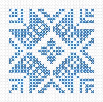 Scandinavian ornament, blue floral snowflake, cross stitch needlework	 on white background
