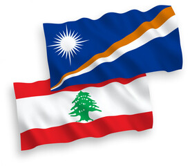 National vector fabric wave flags of Republic of the Marshall Islands and Lebanon isolated on white background. 1 to 2 proportion.