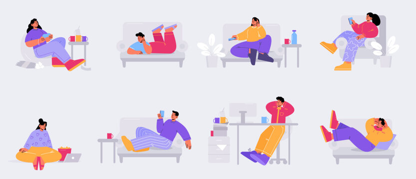 Lazy people relax and procrastination concept. Lazybones men or women lying or sitting on couch with gadgets, delay and postpone work, watching movie and tv set, Line art flat vector illustration, set