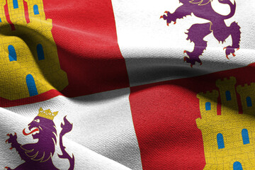 3D illustration flag of Castile and Leon is a region of Spain. Waving on the wind