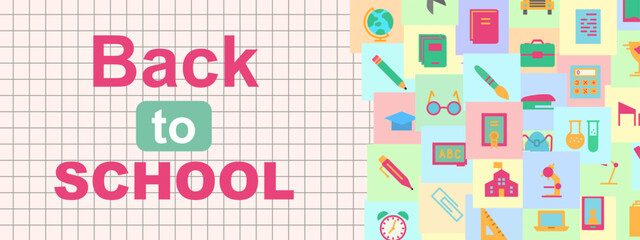vector back to school banner with education supplies colorful style such us bag, bus, book, phone, pen, chalckboard on checkered background for poster, party, super sale offer. Illustration 10 eps