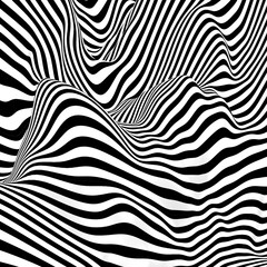 Psychedelic distorted lines backdrop. Abstract striped mountains pattern. Texture with wavy hills, curves stripes. Optical art background. Wave black and white design. Illustration