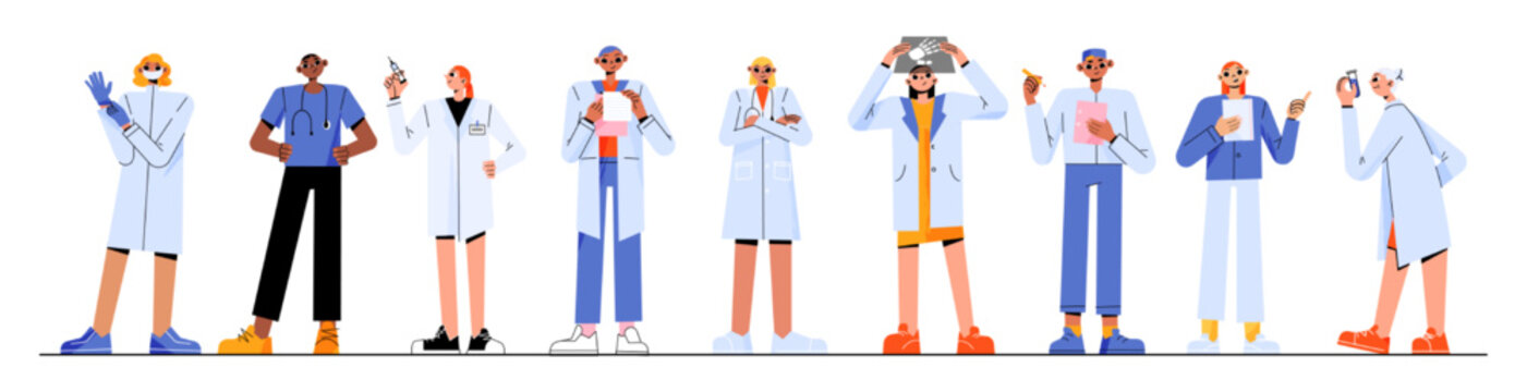 Doctors and nurses hospital staff. Medicine characters in uniform, clinic personnel medical healthcare team wear white robe holding clipboards, x-ray or stethoscopes, Line art flat vector illustration