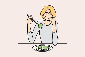 Unhappy anorexic woman suffer eating food. Upset stressed skinny female struggle with meal disorder. Health problem and healthcare. Vector illustration.  - obrazy, fototapety, plakaty
