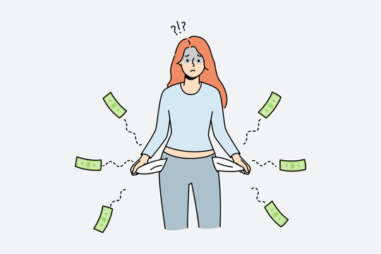 Frustrated young woman with empty pockets suffer from bankruptcy. Unhappy sad female struggle with debt or financial problems. Vector illustration. 