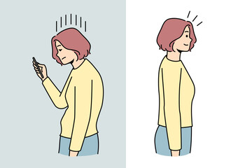 Woman with smartphone bad posture compared with good posture. Back problems. Healthcare and medicine. Vector illustration. 