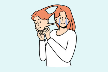 Unhappy crying woman take out mask of man suffer from trans gender identity problem. Concept of transsexual and queer people. Vector illustration. 