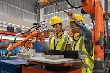Women Engineer wearing helmet and hi visible vest using laptop computer working in factory welding robotic automation happy smiling with quality control and programming pass 
