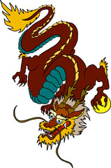 Japanese red dragon tattoo.Dragon on red background for Chinese New Year.Gold Chinese Dragon vector.Gold line art King Dragon tattoo.cartoon vector for t-shirt.