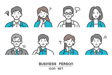 困ったり悩んだりしている、会社員の顔アイコンのベクターイラスト素材／ビジネス／ビジネスパーソン／人々／ネガティブ