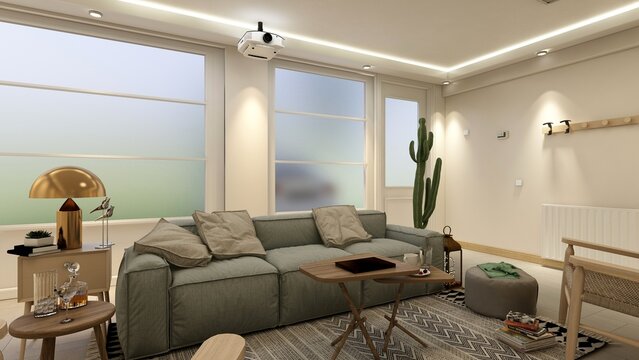 SOFA CON VENTANA DE FONDO Y LUCES DE SOL Y LUCES DECORATIVAS 